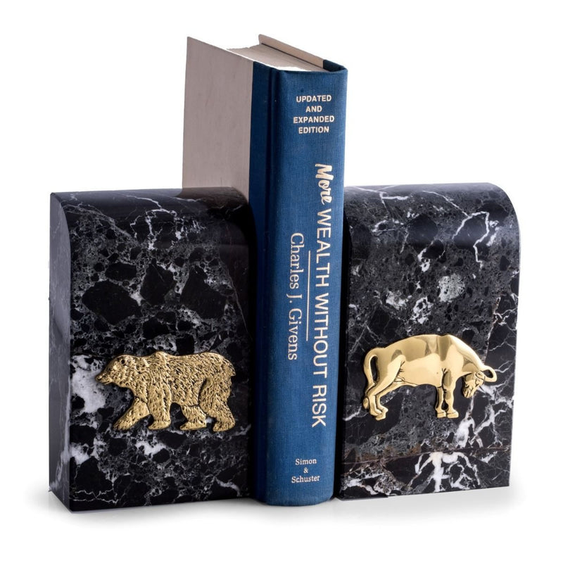 Stock Market Bull & Bear Bookends - Black Zebra Marble