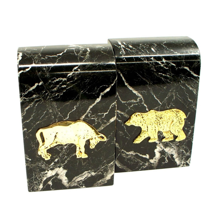 Stock Market Bull & Bear Bookends - Black Zebra Marble