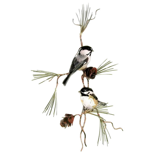 Two Chickadees with Pine Cones Metal Wall Art
