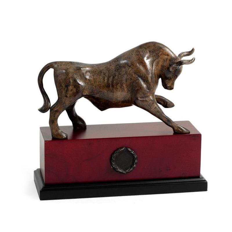 Wall Street Bull Sculpture on Wood Base