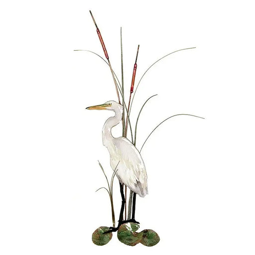 White Egret with Cattails Metal Wall Art