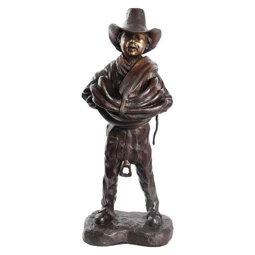 Young Cowboy with Saddle Bronze Sculpture