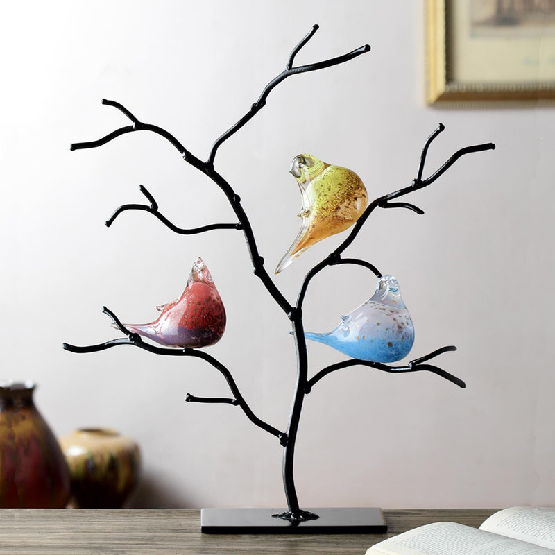 Art Glass Bird Trio on Tree Statue by San Pacific International/SPI Home