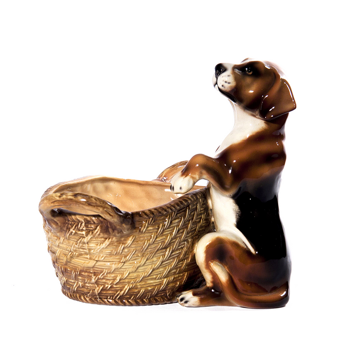 Beagle with Basket Sculpture- Italian Ceramic- Side View
