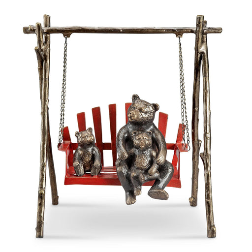 Bear and Cubs on Red Porch Swing Garden Sculpture
