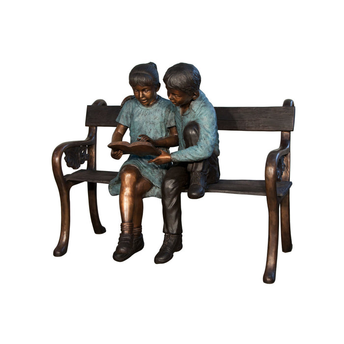 Boy & Girl Reading Book on Bench Bronze Sculpture