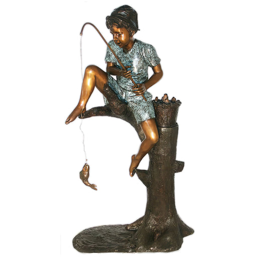 Boy on Tree Fishing Bronze Sculpture