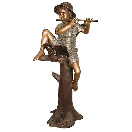 Boy Playing Flute in Tree- Bronze Sculpture