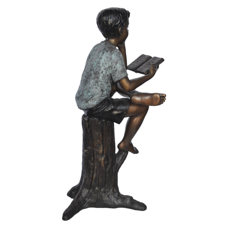 Boy Reading Book on Tree Bronze Statue- Rear View