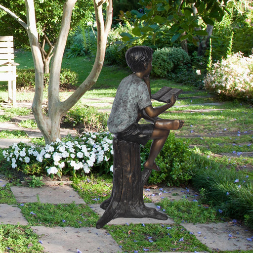 Boy Reading Book on Tree Bronze Statue in Garden