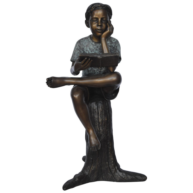 Boy Reading Book on Tree Bronze Statue- Front View