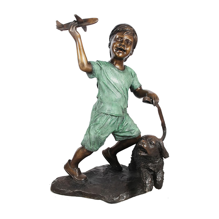 Boy Running with Dog and Toy Airplane Bronze Sculpture
