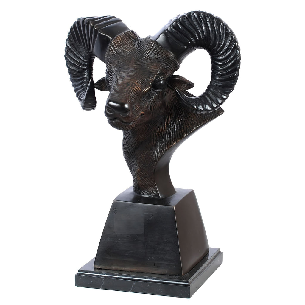 Bronze Big Horn Ram Head Bust on Marble Base — AllSculptures
