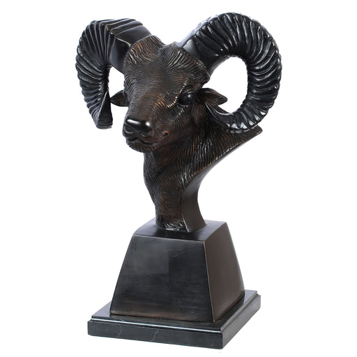 Bronze Big Horn Ram Head Statue on Marble Base