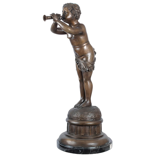 Bronze Boy Blowing Horn Statue on Marble Base