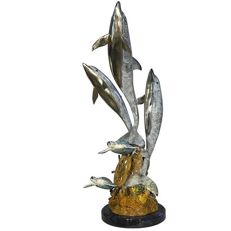 Bronze Dolphin and Turtles With Ship Wheel