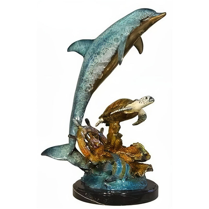 Bronze Dolphin With Ship Wheel Statue