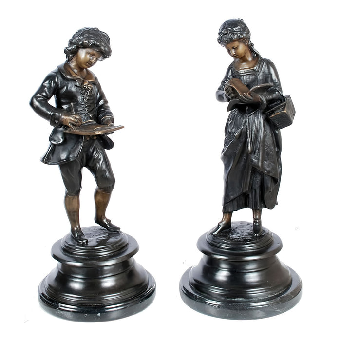 Bronze French Boy and Girl with Book Statues (Pair