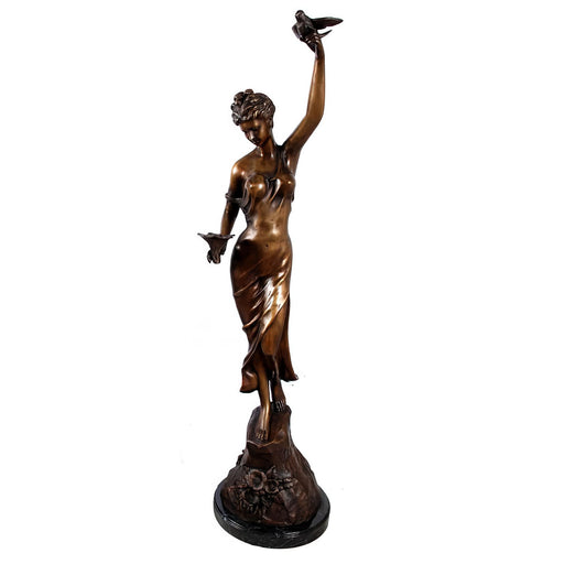 Bronze Lady with Flower and Bird Statue (Left