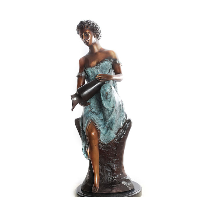 Bronze Lady with Vase Sculpture on Marble Base