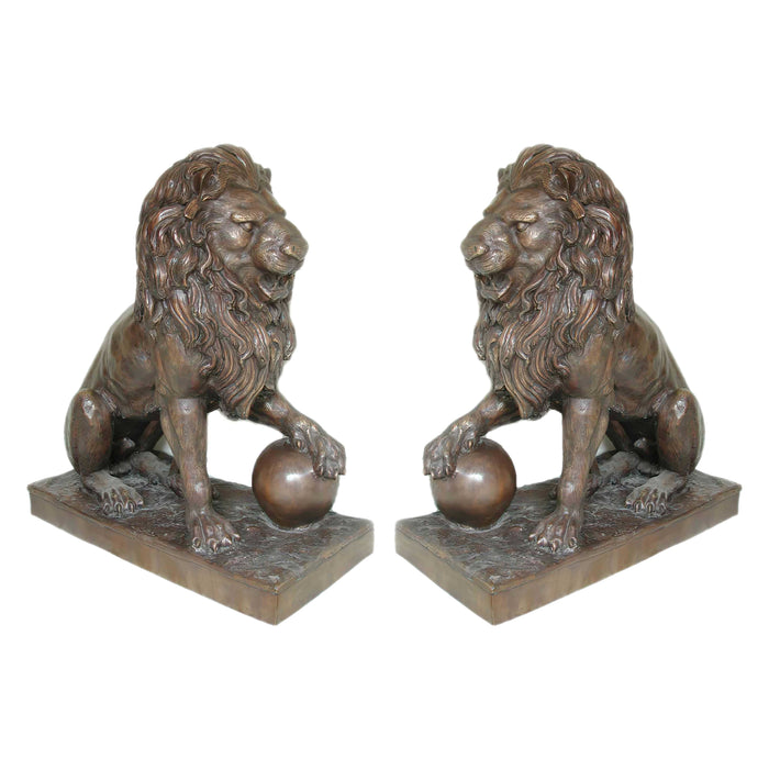 Bronze Lion on Ball Sculpture-Set of 2