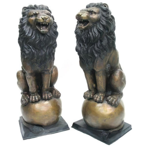 Bronze Lion Pair Sitting on Balls, 53 Inch