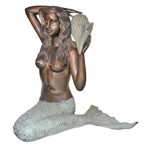 Sitting Mermaid with Conch Shell Bronze Sculpture