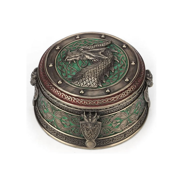 Celtic Dragon Crest Round Trinket Box- Green