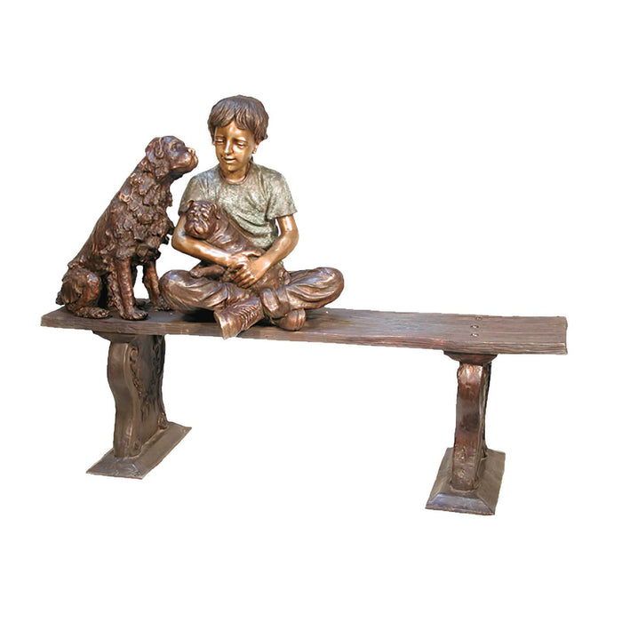 Child on Bench with Dogs Bronze Sculpture