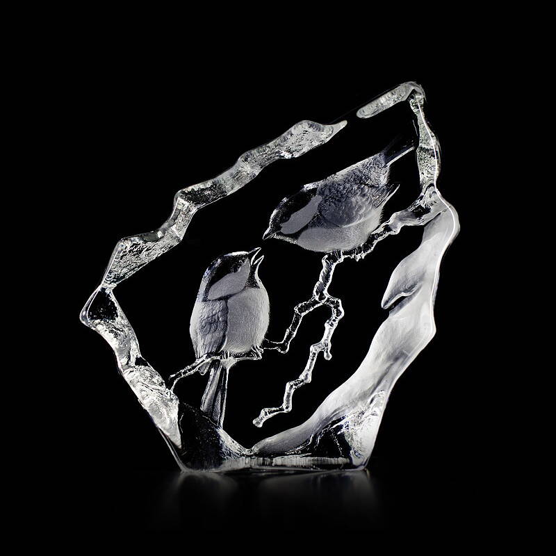 Crystal Marsh Tits (Chickadees) Sculpture by Mats Jonasson