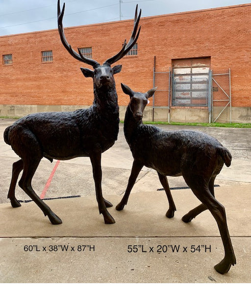 Bronze Stag Deer and Doe Pair Sculptures- Outdoor