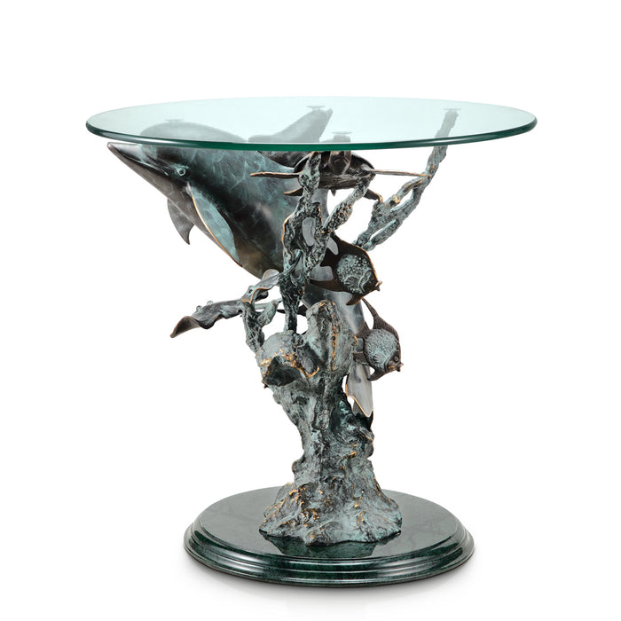 Dolphin Seaworld Brass End Table on Marble Base by San Pacific International/SPI Home