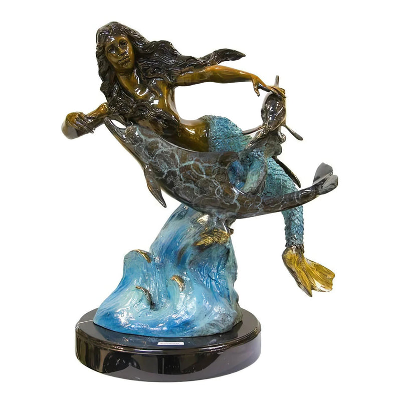 Bronze Mermaid with Two Dolphins Sculpture