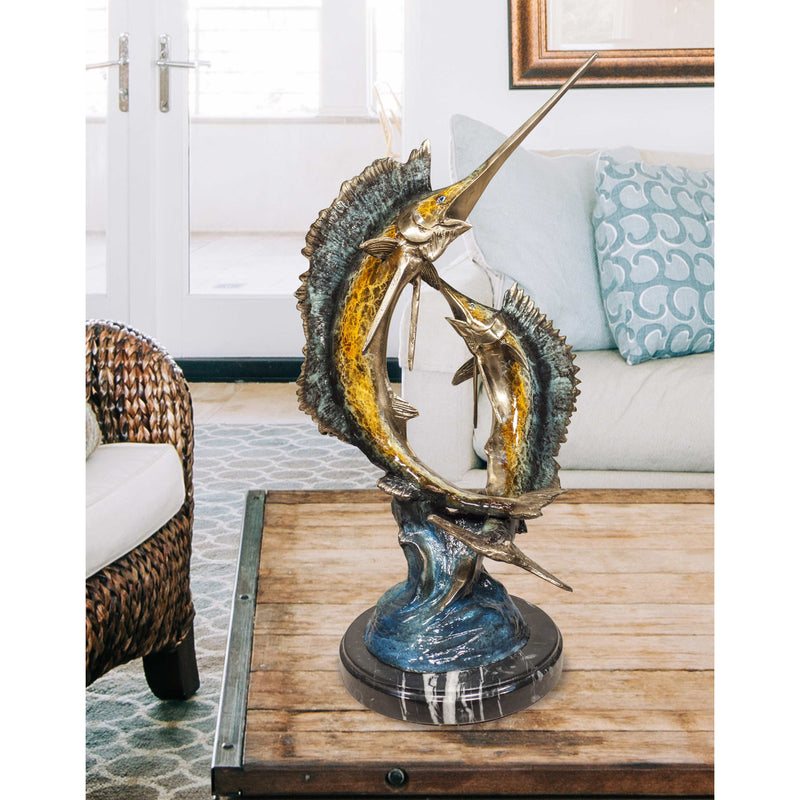 Dueling Sailfish on Marble Base Sculpture