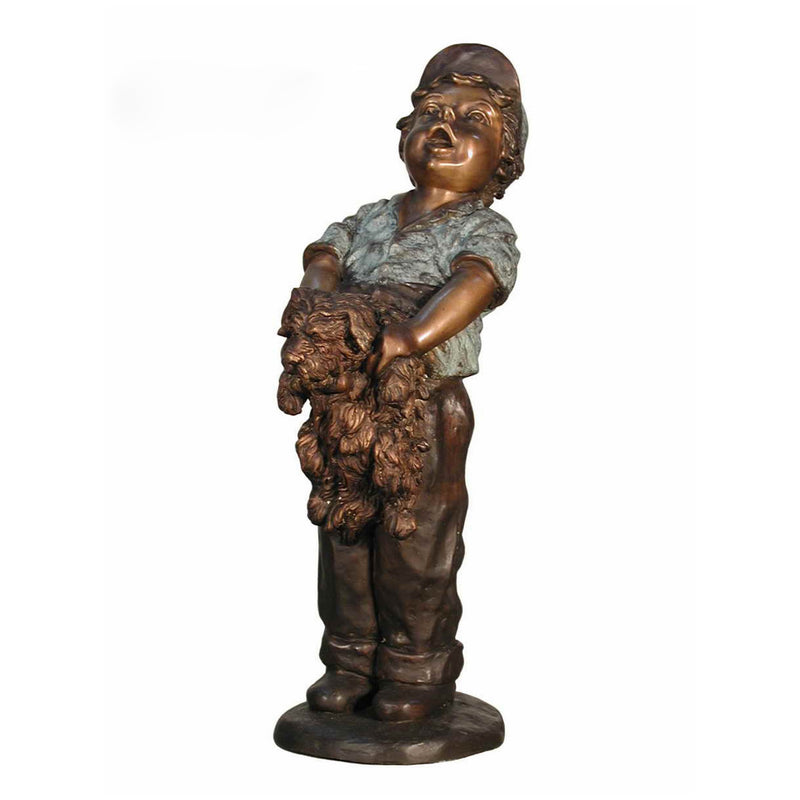 Boy Holding Puppy Bronze Garden Statue