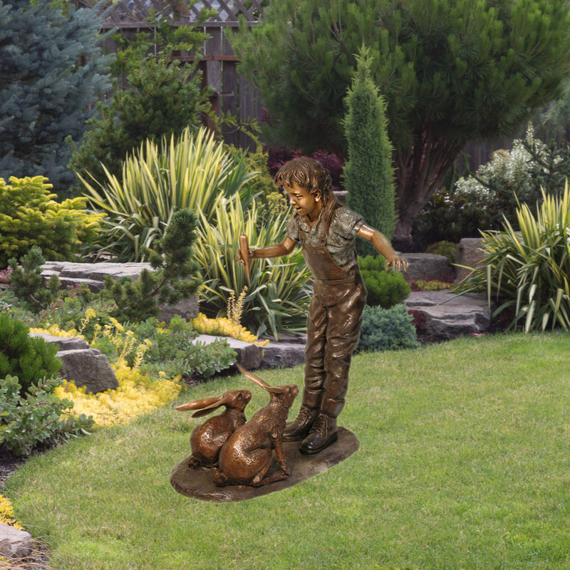 Girl Feeding Rabbits Bronze Sculpture
