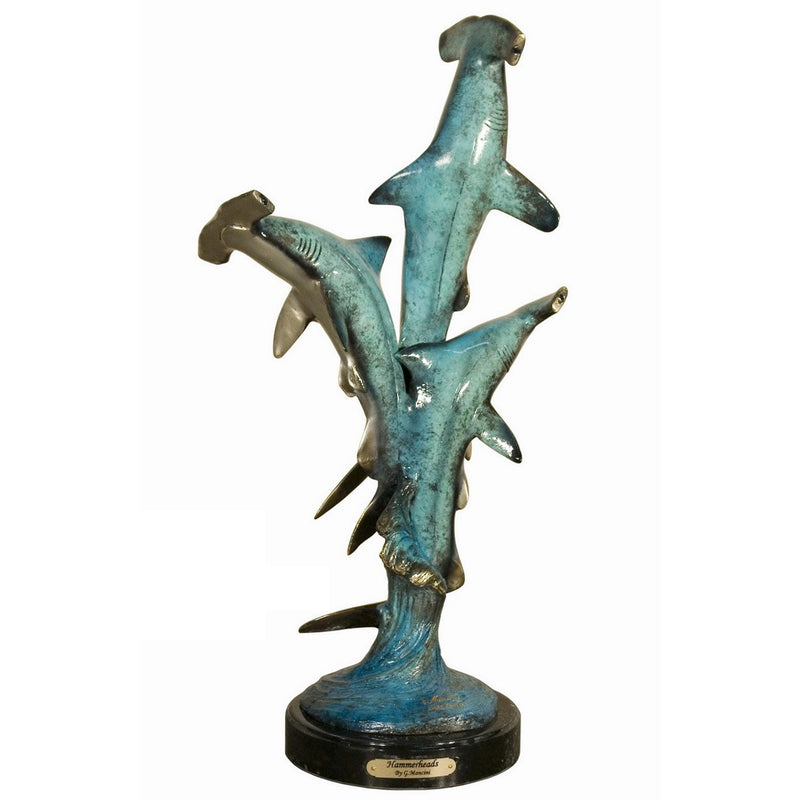 Hammerhead Sharks Bronze Sculpture on Marble Base
