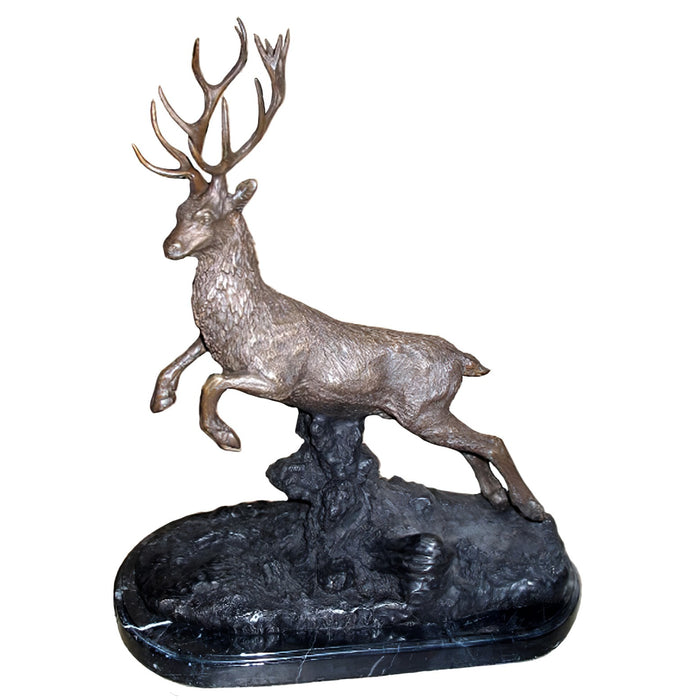 Jumping Deer Bronze Statue on Base