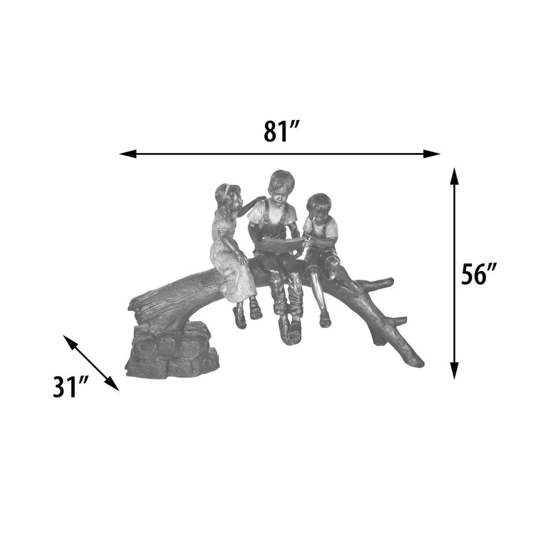 Three Kids Reading Book on Log Bronze Sculpture