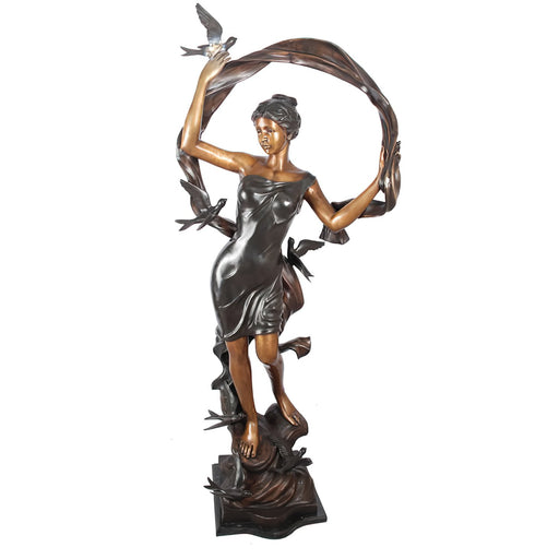 Large Lady with Bird and Ribbon Bronze Sculpture