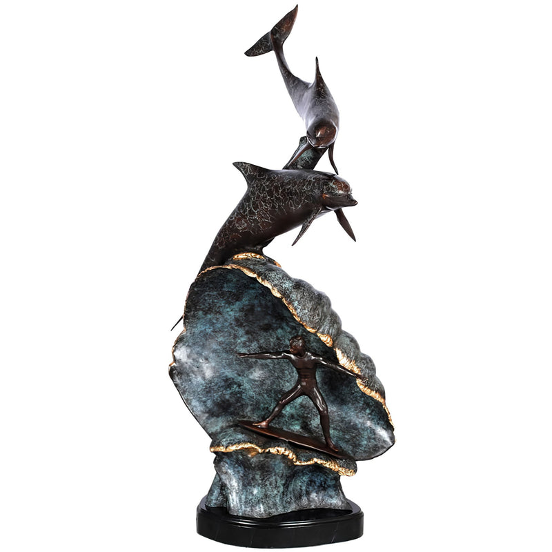Man Surfing with Dolphins Bronze Sculpture