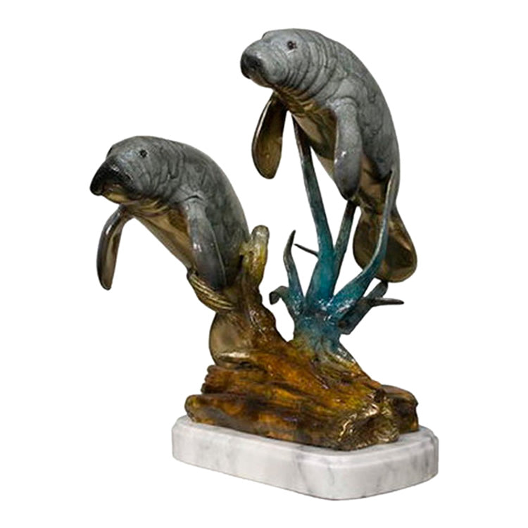 Manatees on Marble Base Bronze Sculpture — AllSculptures