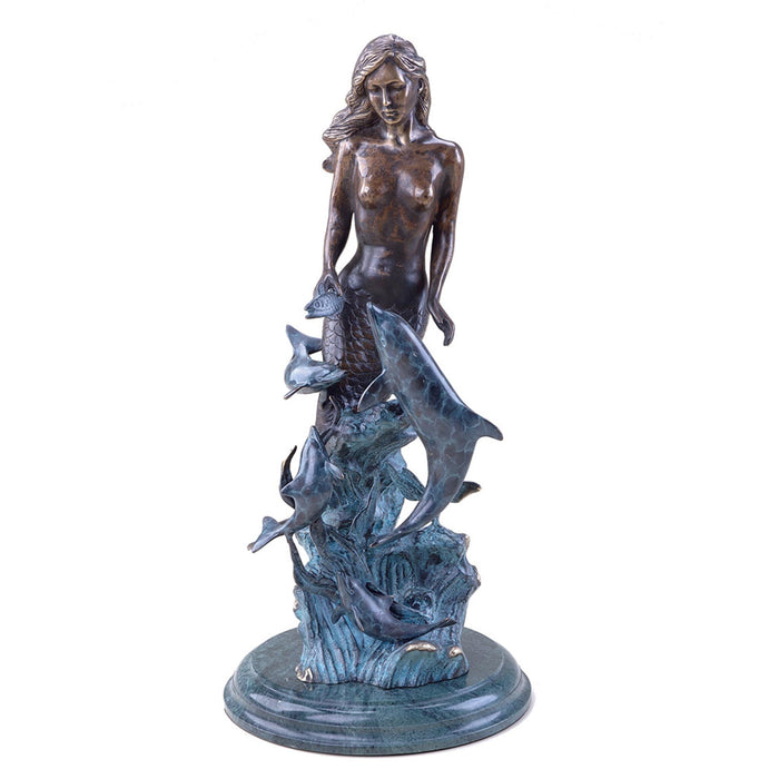 Mermaid with Dolphins Sculpture- Brass on Marble Base by San Pacific International/SPI Home