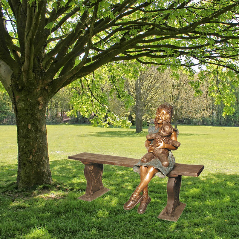 Girl with Teddy Bear on Bench Bronze Sculpture
