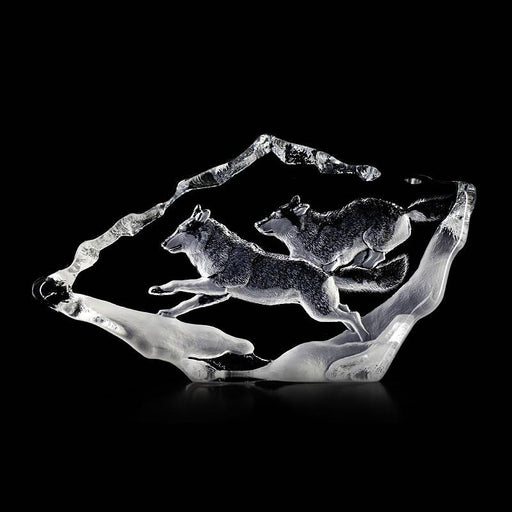Running Wolf Pair Crystal Sculpture by Mats Jonasson