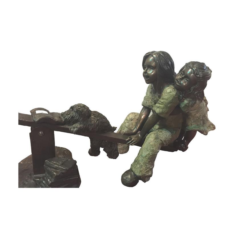 Seesaw Fun Time- Bronze Kids Sculpture- Girls and Puppy