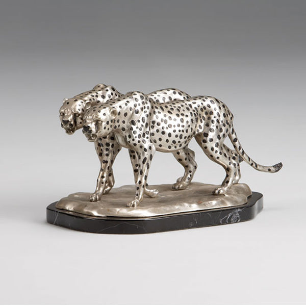 Silver Leopards on Marble Base Sculpture-Art Deco