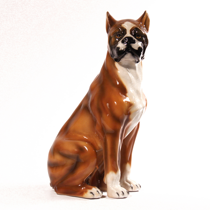 Sitting Boxer Dog Sculpture, Italian Ceramic