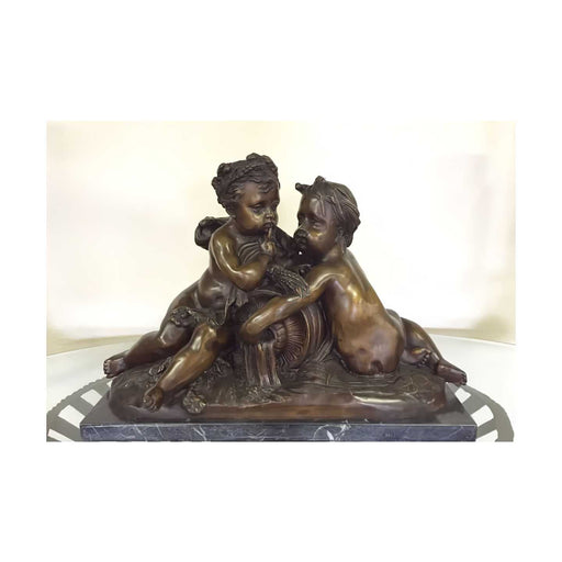 Two Cherubs with Barrel on Marble Base- Bronze