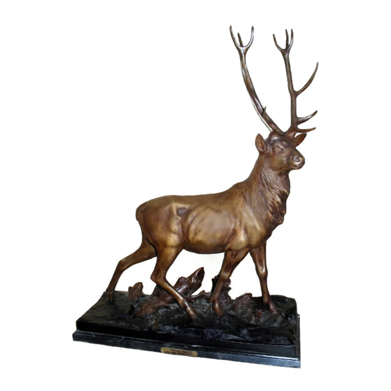 Walking Deer Bronze Sculpture on Marble Base